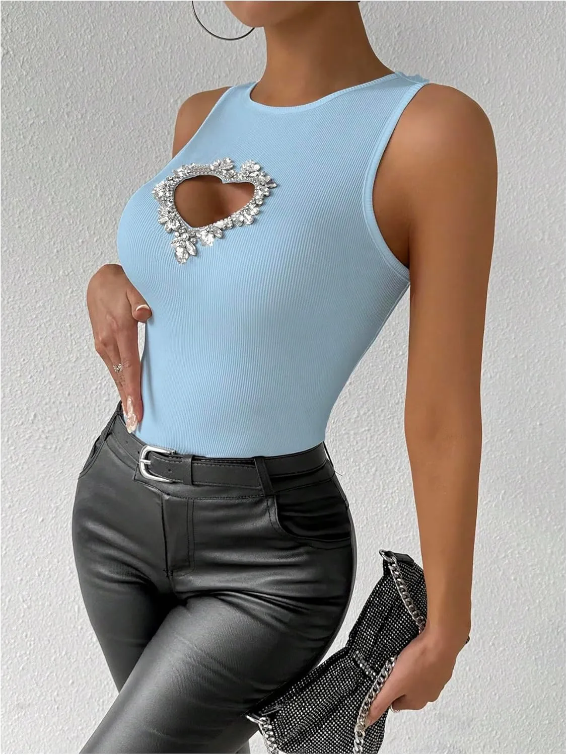 WDIRARA Women's Heart Rhinestone Cut Out Tank Top Casual Slim Fit Rib Knit Tops