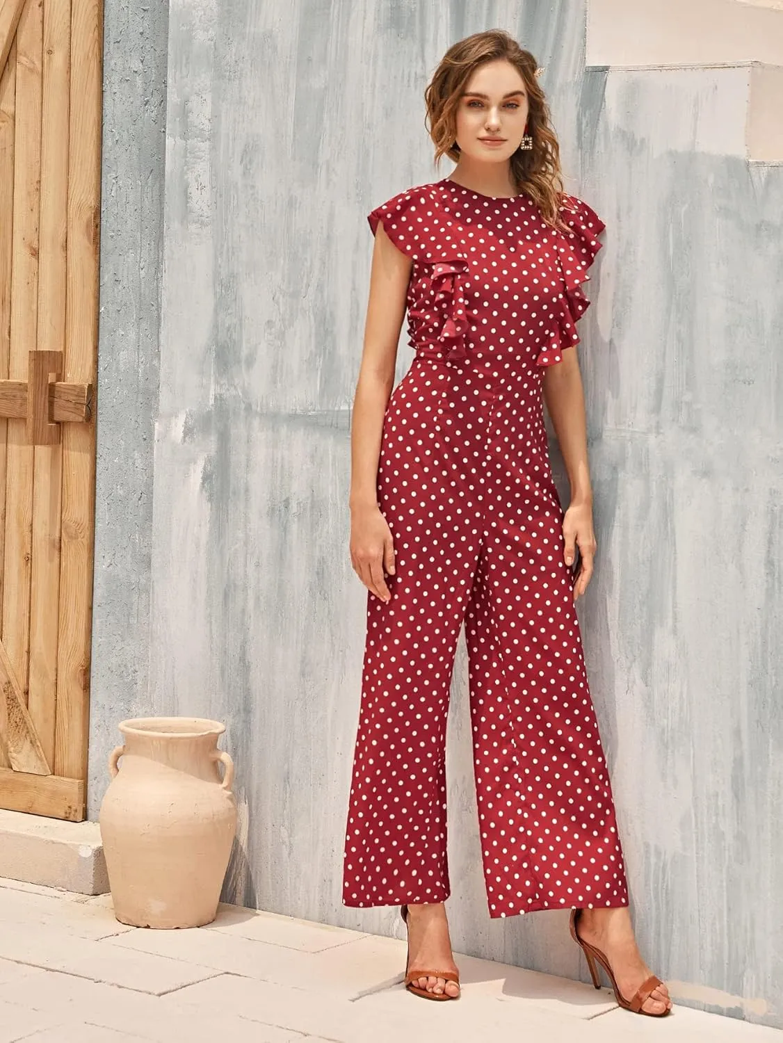 WDIRARA Women's Polka Dots Ruffle Cap Sleeve Round Neck Wide Leg Romper Jumpsuit