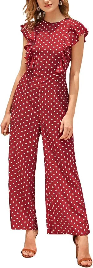 WDIRARA Women's Polka Dots Ruffle Cap Sleeve Round Neck Wide Leg Romper Jumpsuit