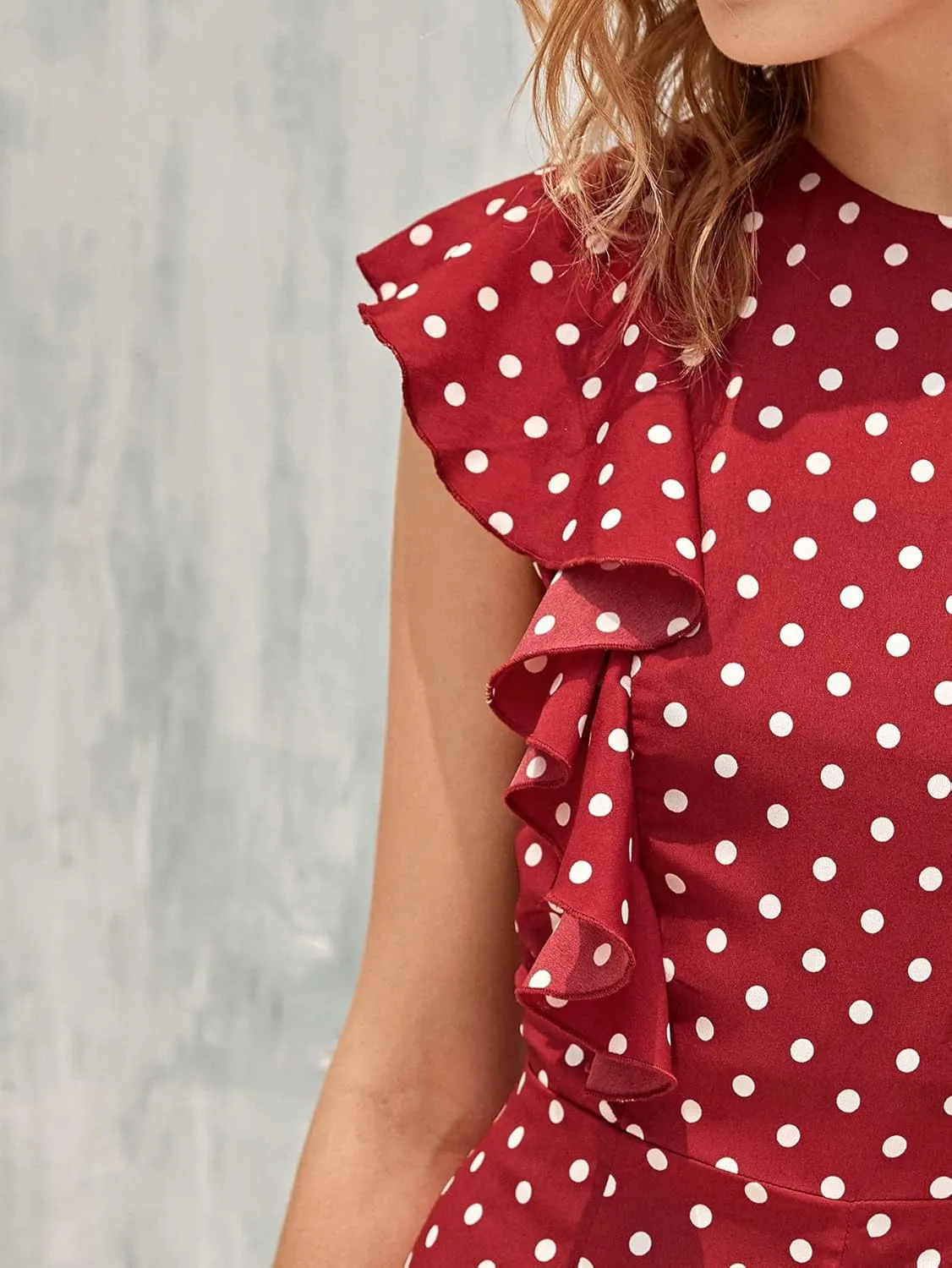WDIRARA Women's Polka Dots Ruffle Cap Sleeve Round Neck Wide Leg Romper Jumpsuit
