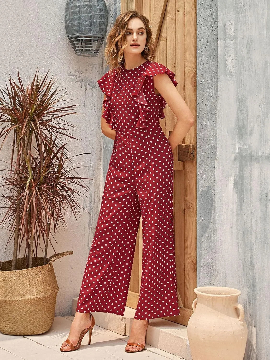 WDIRARA Women's Polka Dots Ruffle Cap Sleeve Round Neck Wide Leg Romper Jumpsuit