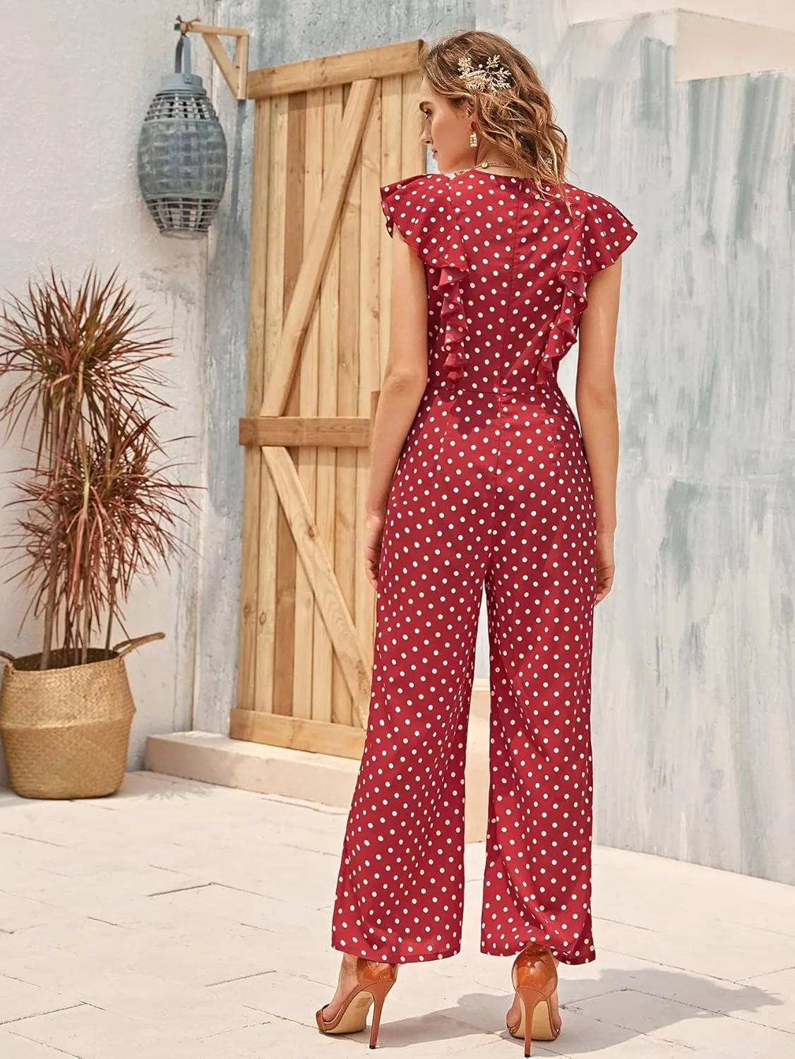WDIRARA Women's Polka Dots Ruffle Cap Sleeve Round Neck Wide Leg Romper Jumpsuit