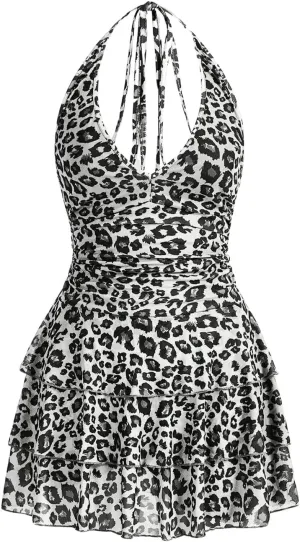 WDIRARA Women's Y2k Leopard Print Halter Dress Tie Backless Layered Ruffle Hem Mini Dresses Cheetah Mesh Dress
