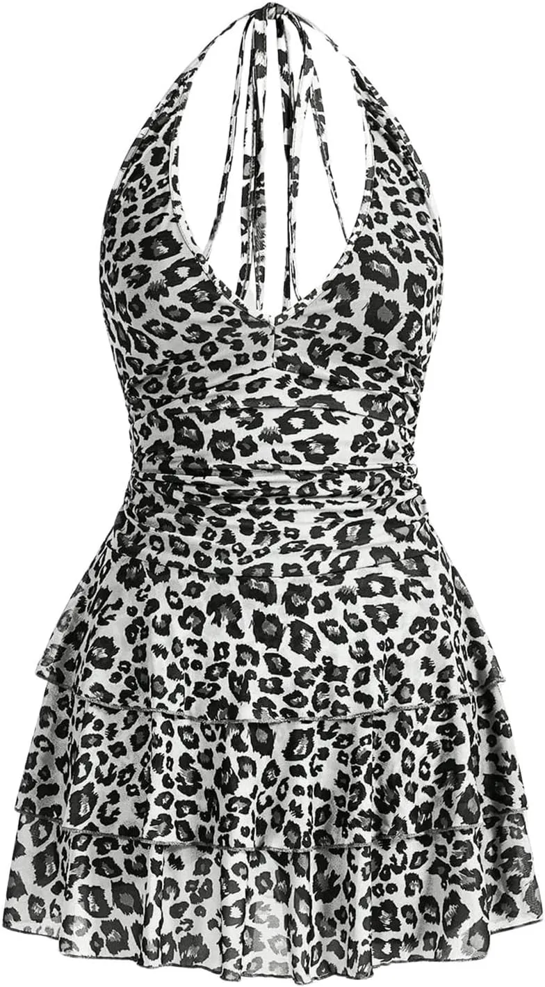 WDIRARA Women's Y2k Leopard Print Halter Dress Tie Backless Layered Ruffle Hem Mini Dresses Cheetah Mesh Dress