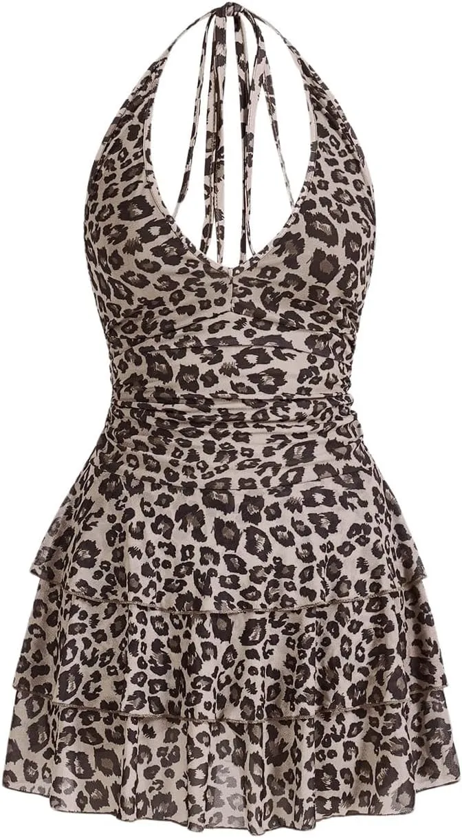 WDIRARA Women's Y2k Leopard Print Halter Dress Tie Backless Layered Ruffle Hem Mini Dresses Cheetah Mesh Dress