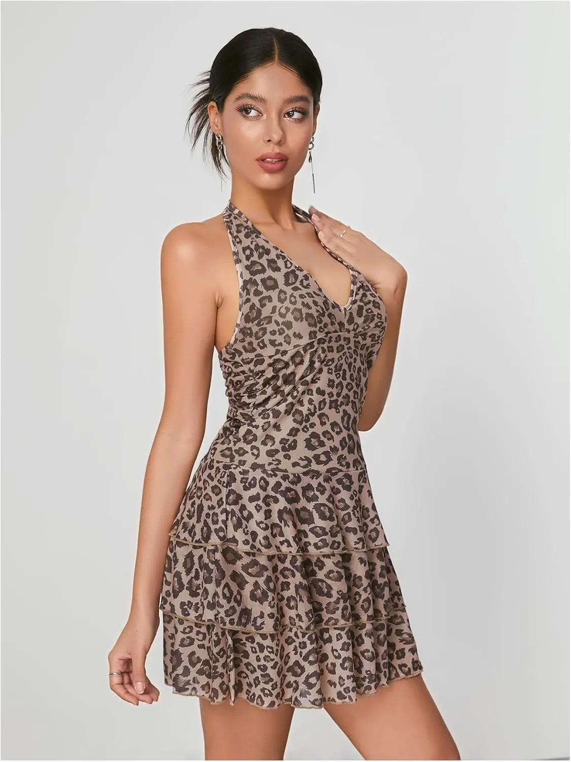 WDIRARA Women's Y2k Leopard Print Halter Dress Tie Backless Layered Ruffle Hem Mini Dresses Cheetah Mesh Dress