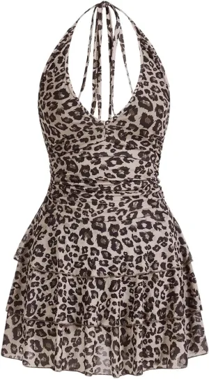WDIRARA Women's Y2k Leopard Print Halter Dress Tie Backless Layered Ruffle Hem Mini Dresses Cheetah Mesh Dress