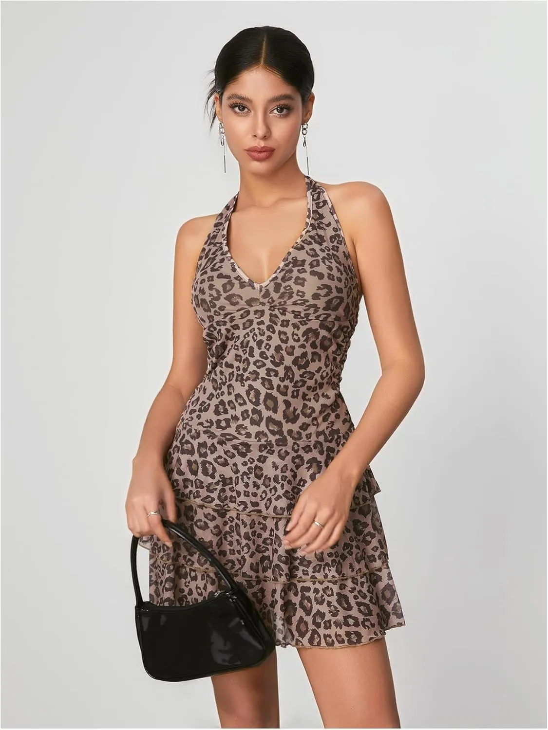 WDIRARA Women's Y2k Leopard Print Halter Dress Tie Backless Layered Ruffle Hem Mini Dresses Cheetah Mesh Dress