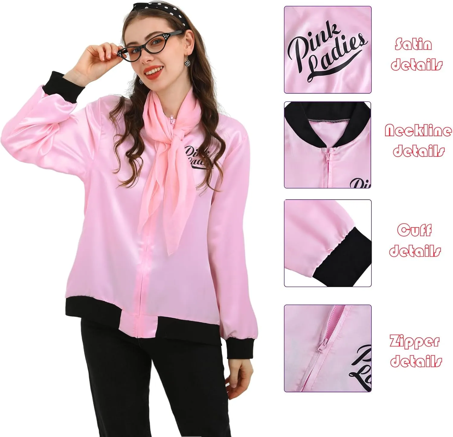 Webeasy 7pcs Set Pink Ladies Jacket Costume 50s Grease Outfit for Women with Earrings,Scarfs,Headband,Glasses