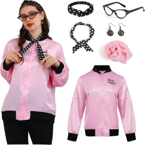 Webeasy 7pcs Set Pink Ladies Jacket Costume 50s Grease Outfit for Women with Earrings,Scarfs,Headband,Glasses