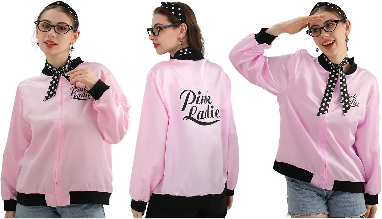 Webeasy 7pcs Set Pink Ladies Jacket Costume 50s Grease Outfit for Women with Earrings,Scarfs,Headband,Glasses