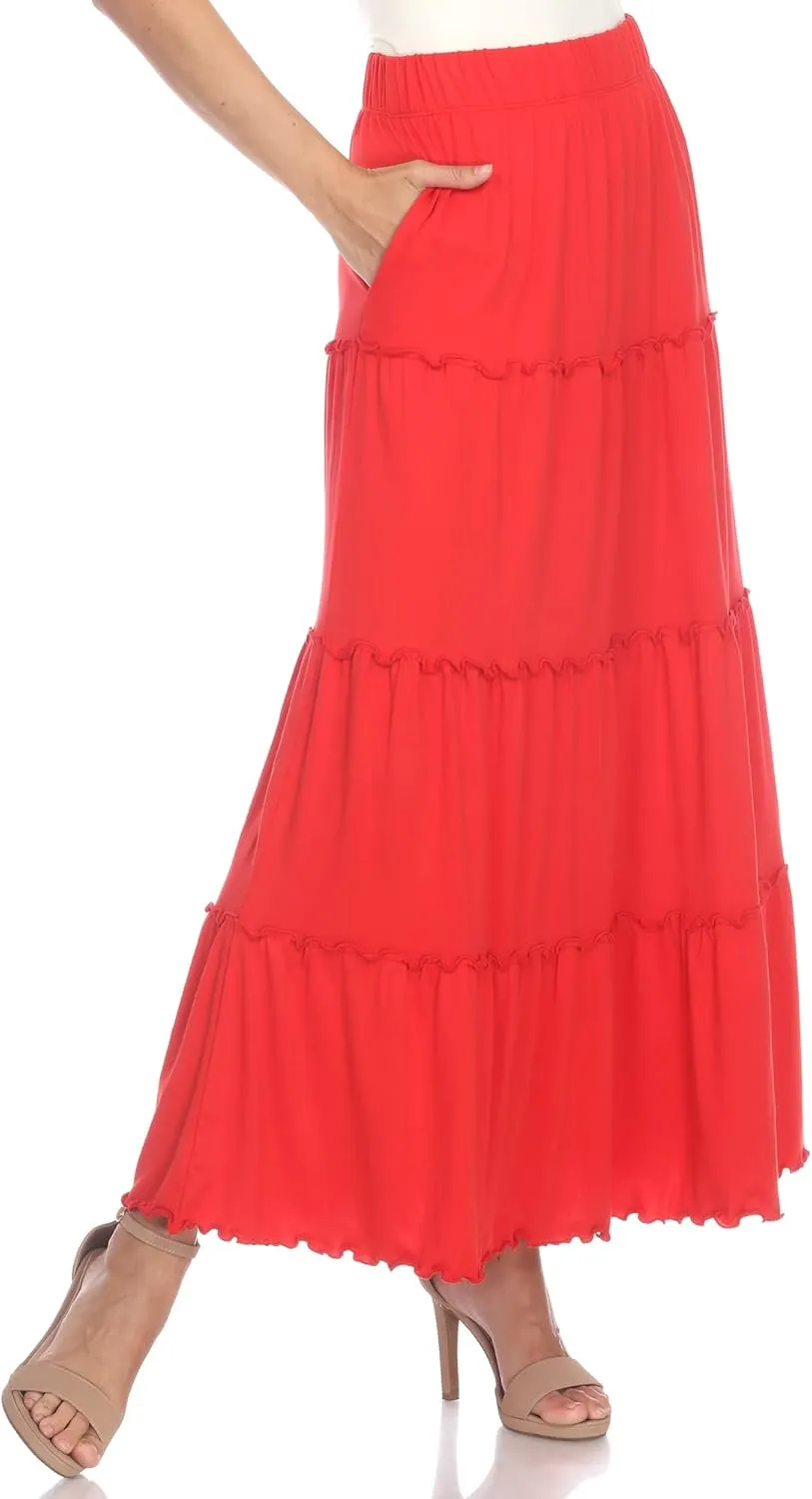white mark Women's High Waist Tiered Maxi Skirt with Pockets
