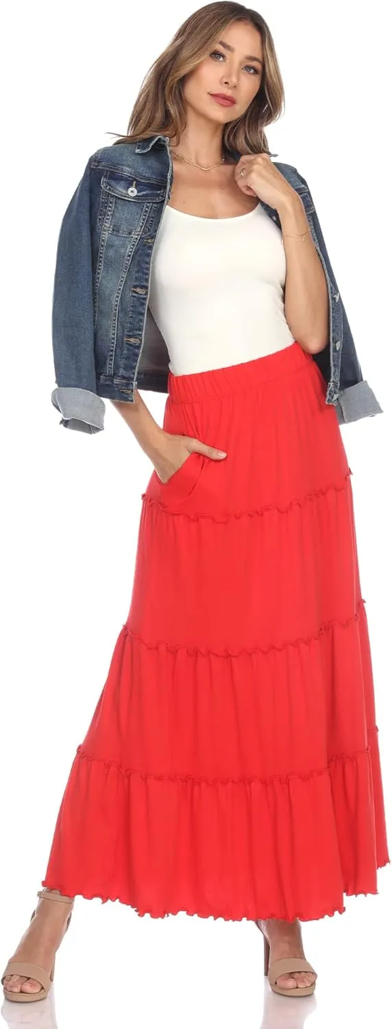 white mark Women's High Waist Tiered Maxi Skirt with Pockets