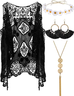 WILLBOND 4 Pcs 60s 70s Outfits for Women Hippie Costume 70s Costume Tops Accessories Women Fringe Hippie Vest