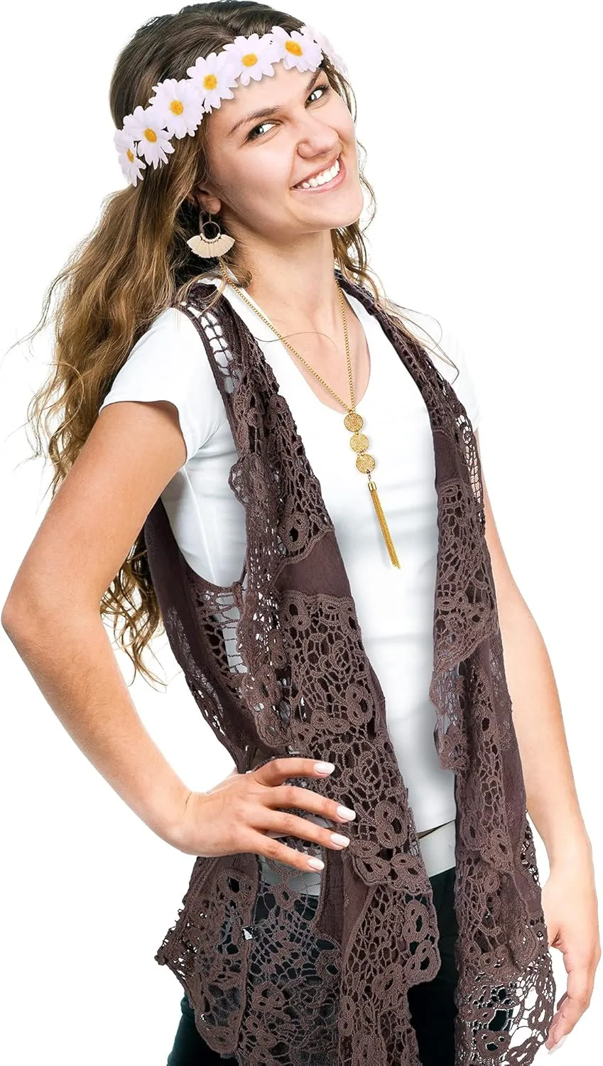 WILLBOND 4 Pcs 60s 70s Outfits for Women Hippie Costume 70s Costume Tops Accessories Women Fringe Hippie Vest