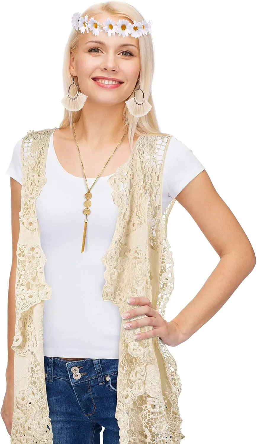 WILLBOND 4 Pcs 60s 70s Outfits for Women Hippie Costume 70s Costume Tops Accessories Women Fringe Hippie Vest