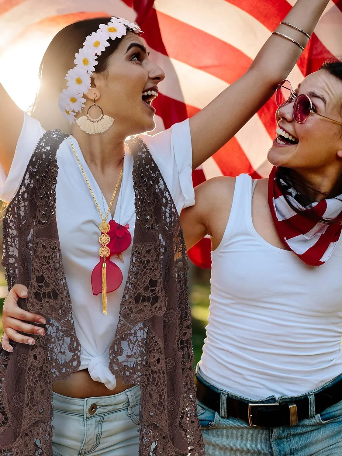 WILLBOND 4 Pcs 60s 70s Outfits for Women Hippie Costume 70s Costume Tops Accessories Women Fringe Hippie Vest