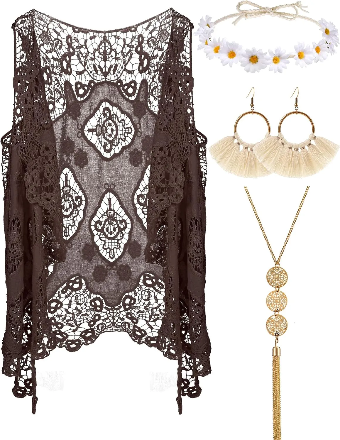 WILLBOND 4 Pcs 60s 70s Outfits for Women Hippie Costume 70s Costume Tops Accessories Women Fringe Hippie Vest