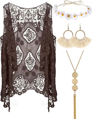 WILLBOND 4 Pcs 60s 70s Outfits for Women Hippie Costume 70s Costume Tops Accessories Women Fringe Hippie Vest