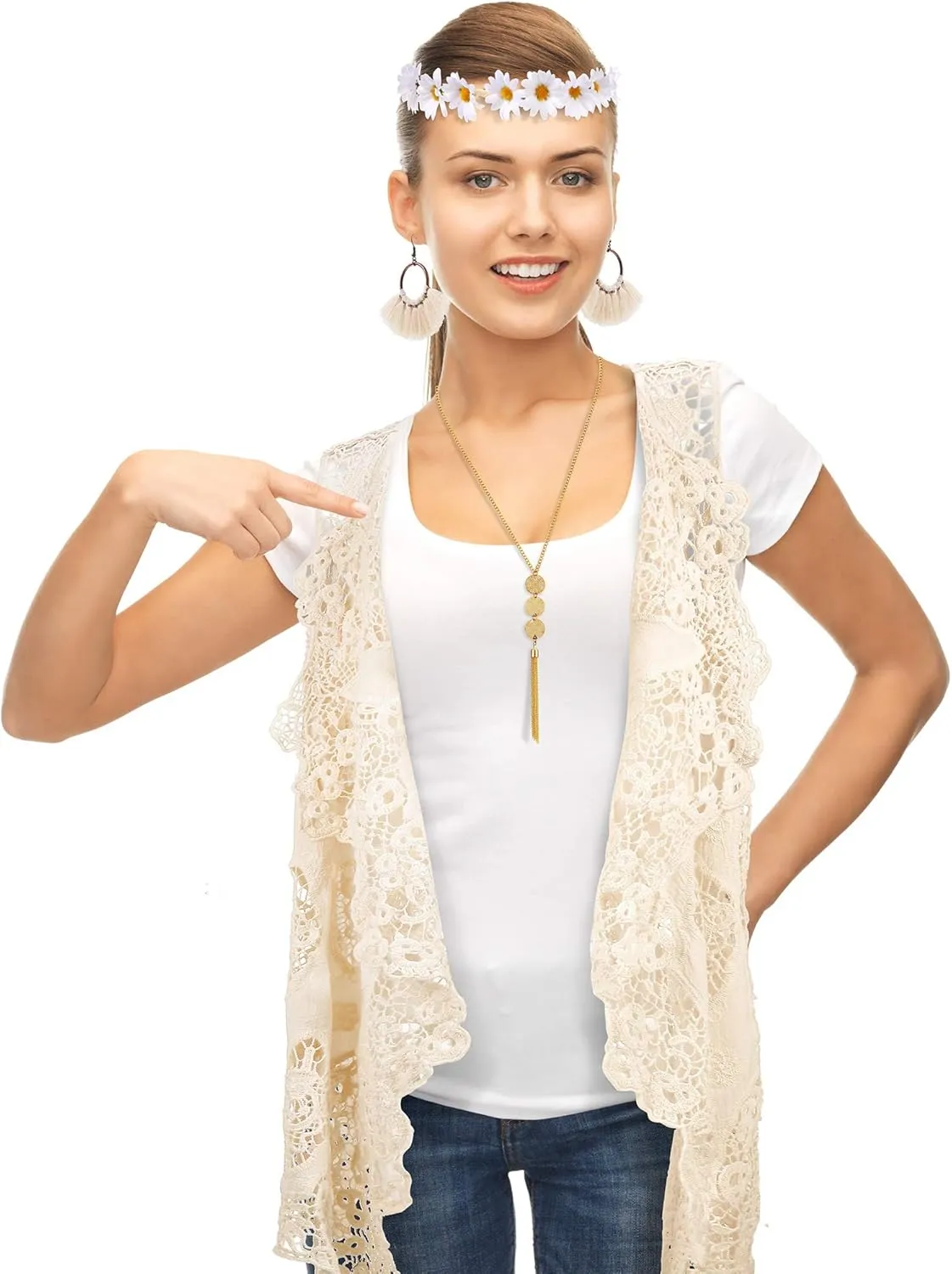 WILLBOND 4 Pcs 60s 70s Outfits for Women Hippie Costume 70s Costume Tops Accessories Women Fringe Hippie Vest