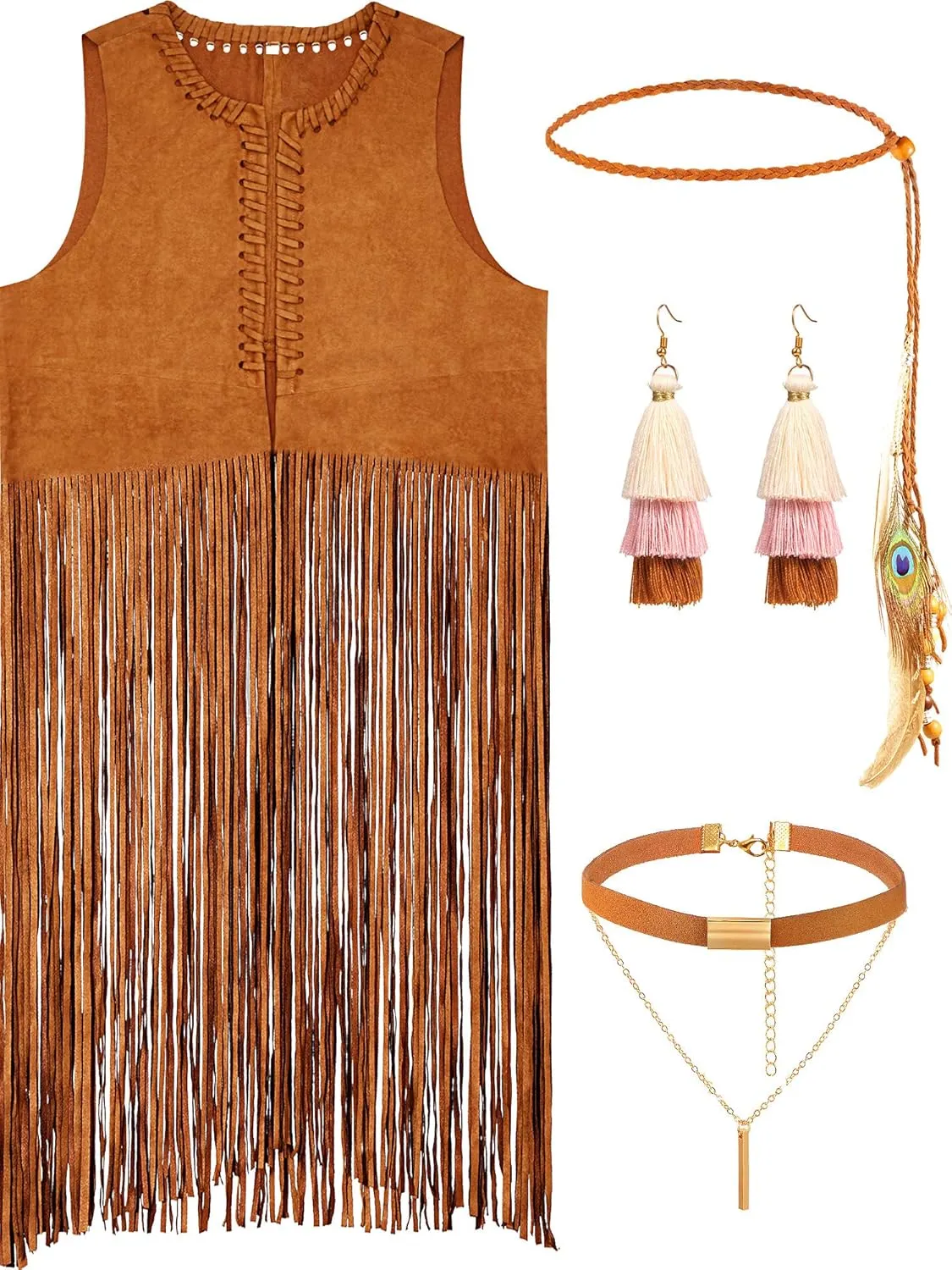 WILLBOND 4 Pieces 60s 70s Outfits for Women Hippie Costume Disco Hippy Clothes 70s Tops Fringe Vest for Halloween Carnival