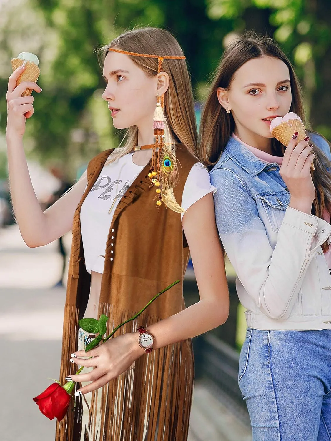 WILLBOND 4 Pieces 60s 70s Outfits for Women Hippie Costume Disco Hippy Clothes 70s Tops Fringe Vest for Halloween Carnival