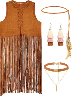 WILLBOND 4 Pieces 60s 70s Outfits for Women Hippie Costume Disco Hippy Clothes 70s Tops Fringe Vest for Halloween Carnival