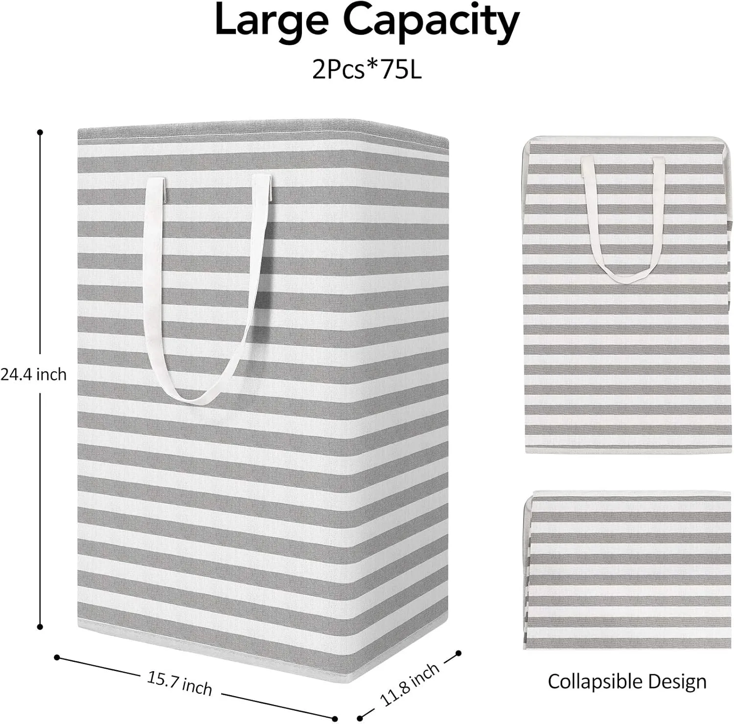 WISELIFE 2-Pack Laundry Hamper 75L Collapsible Large Laundry Baskets with Easy Carry Handles Freestanding Waterproof Clothes Hamper Storage Basket for Toys Clothes Organizer - 24.4" (H), Grey