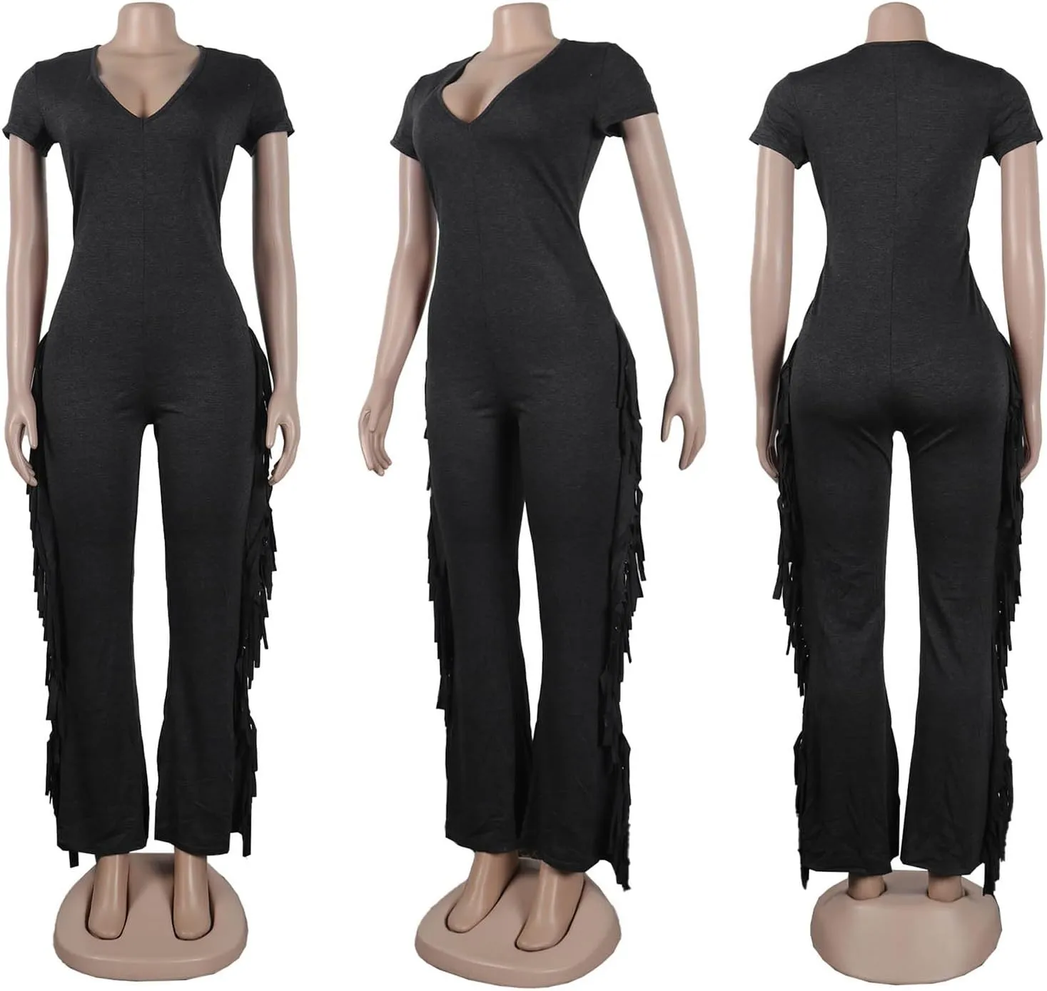 WOKANSE Women's Sexy Solid Bodycon V Neck Fringe Short Sleeve Bell Bottom Long Pants Jumpsuit Romper