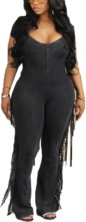 WOKANSE Women's Sexy Solid Bodycon V Neck Fringe Short Sleeve Bell Bottom Long Pants Jumpsuit Romper