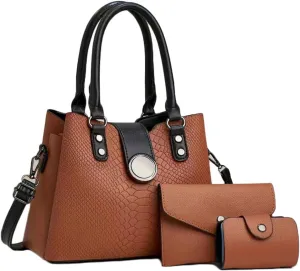 Women 3pcs Handbags and Purses Set Soft Faux Leather Totes Satchel Clutch Wallet Card Holder Burgundy, Brown