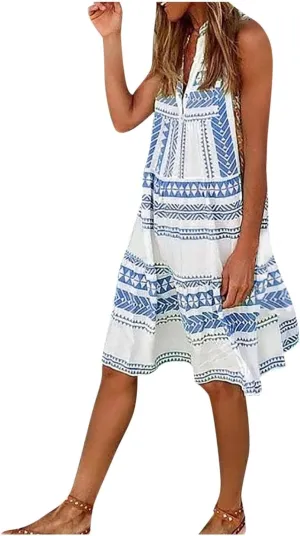Women Casual Spring Summer Dresses V Neck Sleeveless Ruffle Floral Flowy Boho Babydoll Mini Short Beach Dress Blue