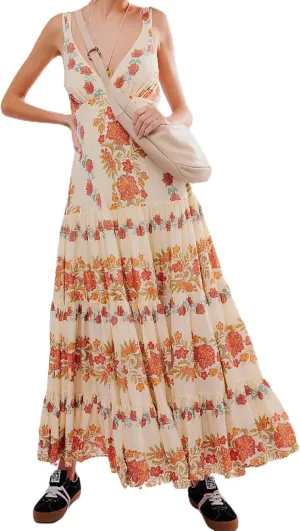 Women Cute Boho Flowy Maxi Dress Spaghetti Strap V Neck Smocked Long Dress Y2K Patchwork Floral Beach Sundress