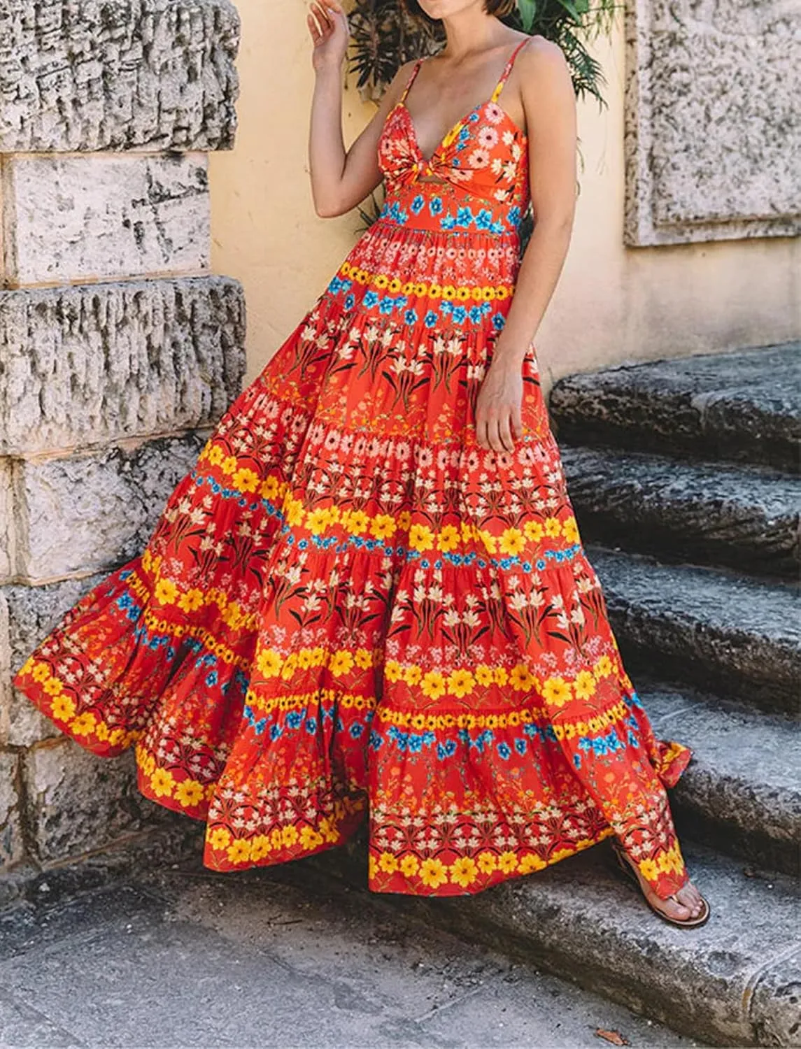Women Cute Boho Flowy Maxi Dress Spaghetti Strap V Neck Smocked Long Dress Y2K Patchwork Floral Beach Sundress