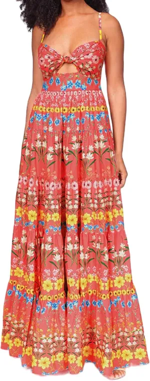 Women Cute Boho Flowy Maxi Dress Spaghetti Strap V Neck Smocked Long Dress Y2K Patchwork Floral Beach Sundress