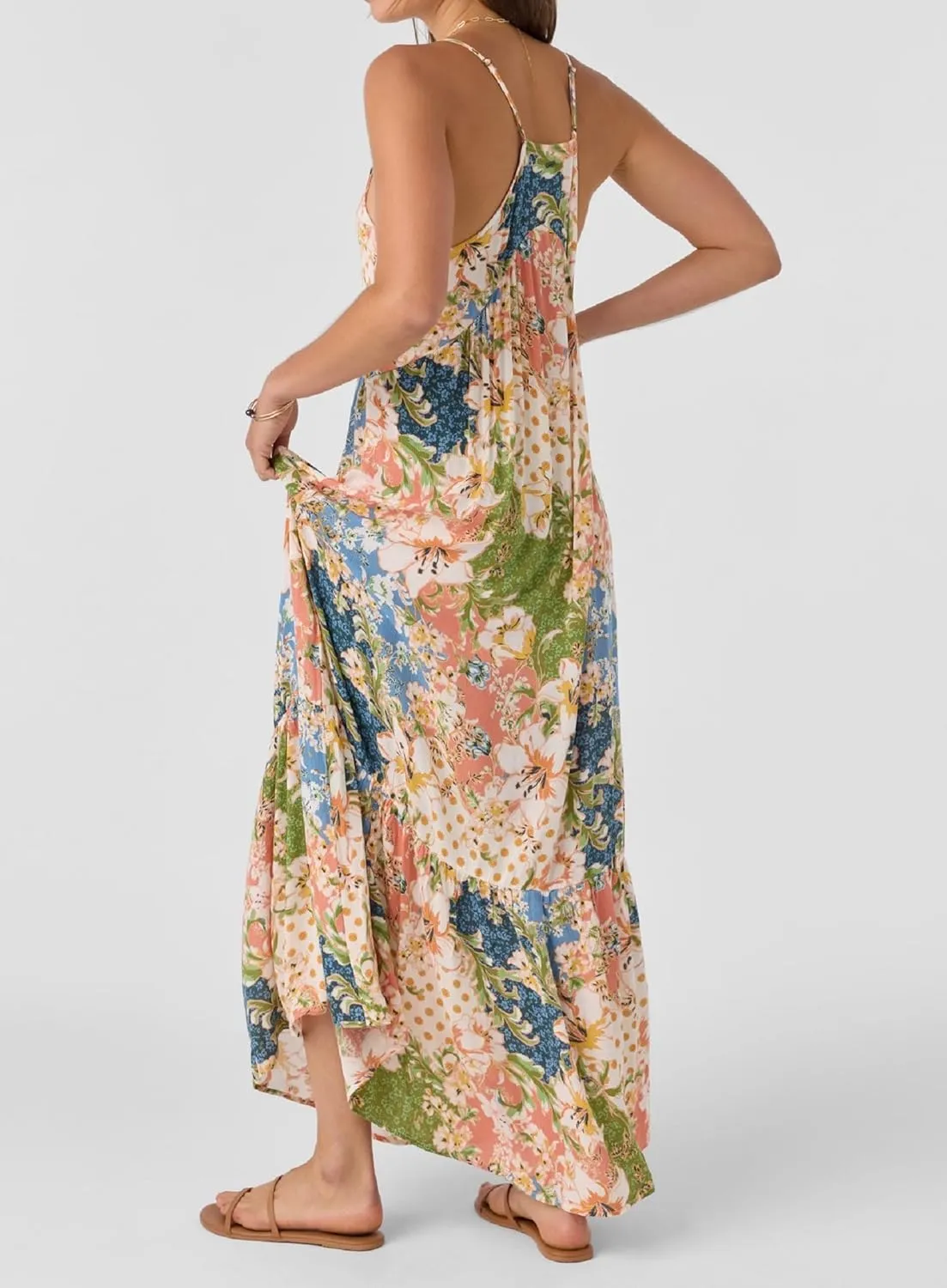 Women Cute Boho Flowy Maxi Dress Spaghetti Strap V Neck Smocked Long Dress Y2K Patchwork Floral Beach Sundress