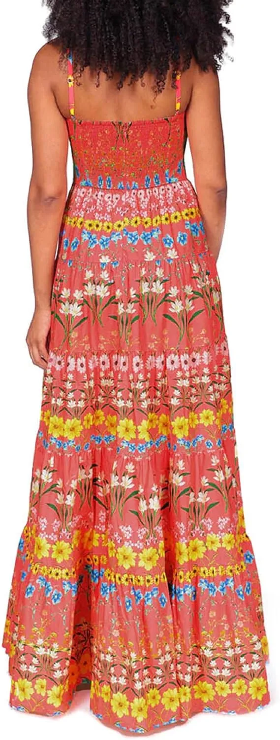Women Cute Boho Flowy Maxi Dress Spaghetti Strap V Neck Smocked Long Dress Y2K Patchwork Floral Beach Sundress
