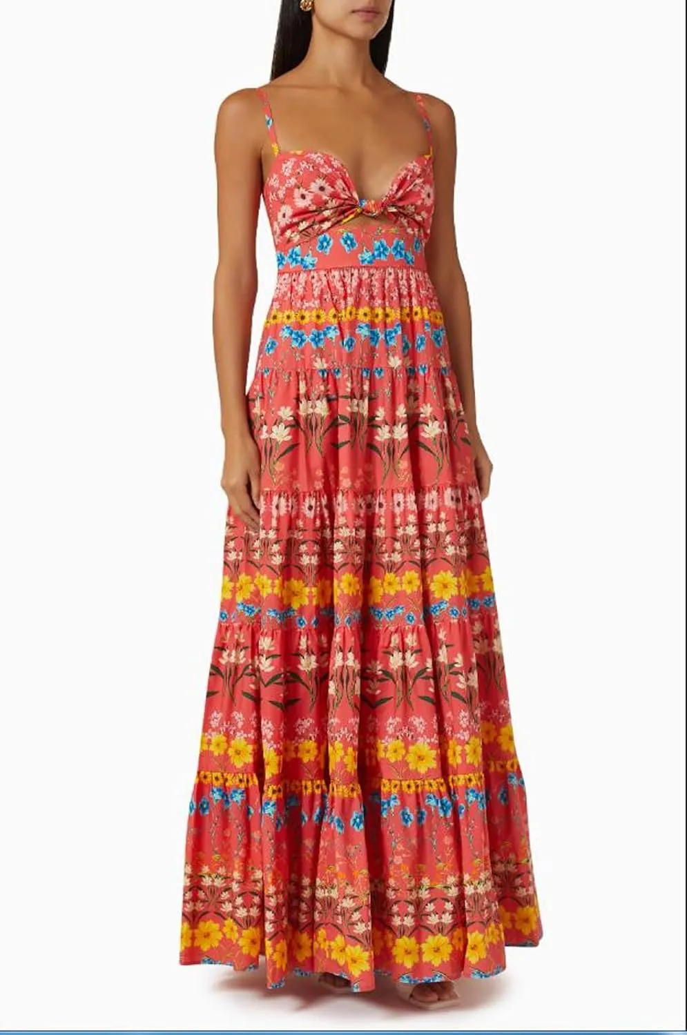 Women Cute Boho Flowy Maxi Dress Spaghetti Strap V Neck Smocked Long Dress Y2K Patchwork Floral Beach Sundress
