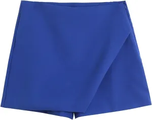 Women Fashion Asymmetrical Shorts Skirts High Waist Back Pockets Side Zipper Vintage Female Skort Solid