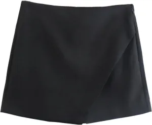 Women Fashion Asymmetrical Shorts Skirts High Waist Back Pockets Side Zipper Vintage Female Skort Solid