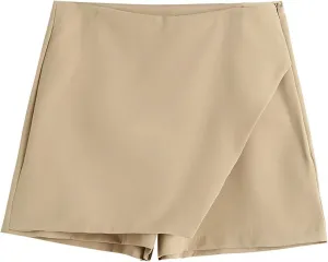 Women Fashion Asymmetrical Shorts Skirts High Waist Back Pockets Side Zipper Vintage Female Skort Solid