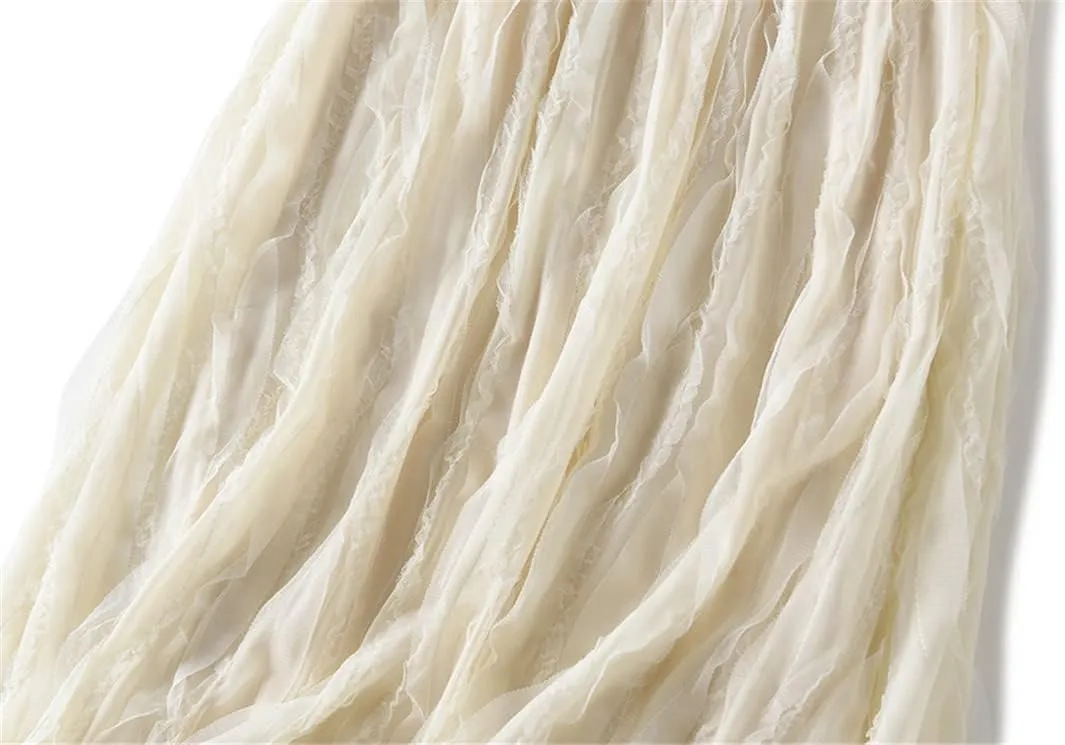 Women Midi Long Lace Tulle Skirt Fluffy Pleated Skirt