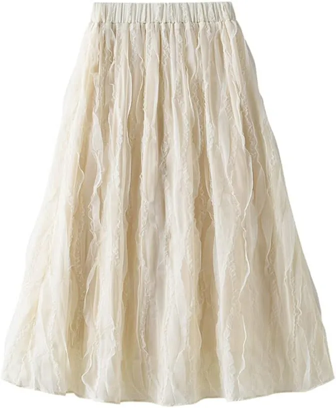 Women Midi Long Lace Tulle Skirt Fluffy Pleated Skirt