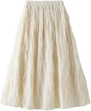 Women Midi Long Lace Tulle Skirt Fluffy Pleated Skirt