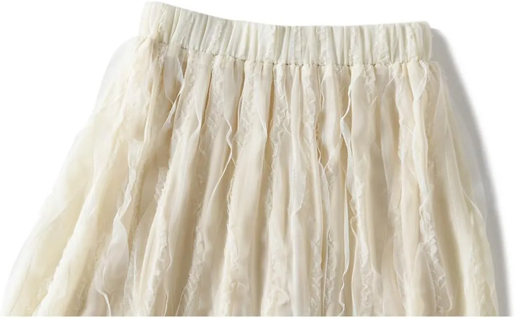 Women Midi Long Lace Tulle Skirt Fluffy Pleated Skirt