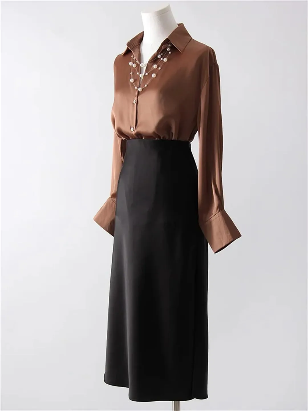 Women Office Midi Skirts High Waist Elegant Silk Skirt Ladies Solid Satin Skirt with Slit On The Side