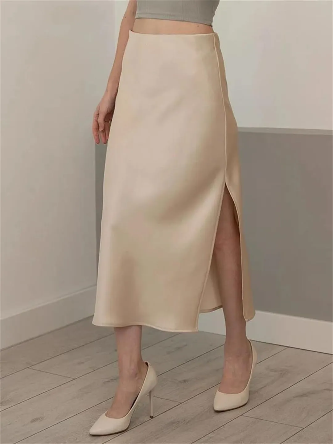 Women Office Midi Skirts High Waist Elegant Silk Skirt Ladies Solid Satin Skirt with Slit On The Side