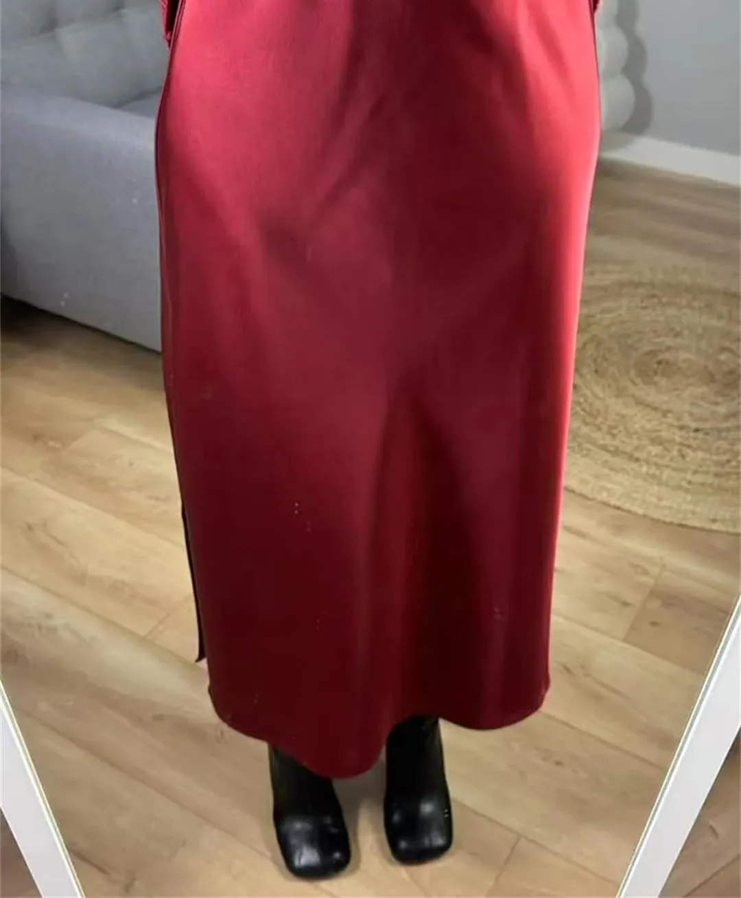 Women Office Midi Skirts High Waist Elegant Silk Skirt Ladies Solid Satin Skirt with Slit On The Side