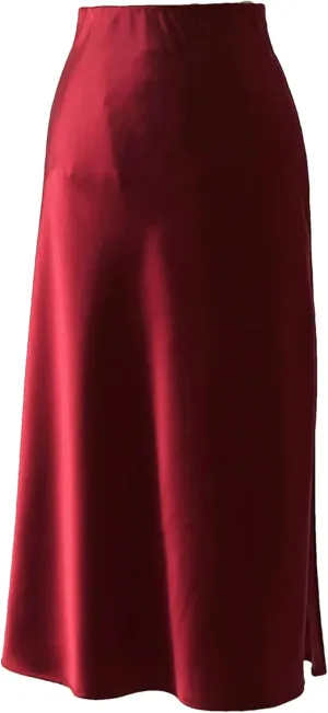Women Office Midi Skirts High Waist Elegant Silk Skirt Ladies Solid Satin Skirt with Slit On The Side