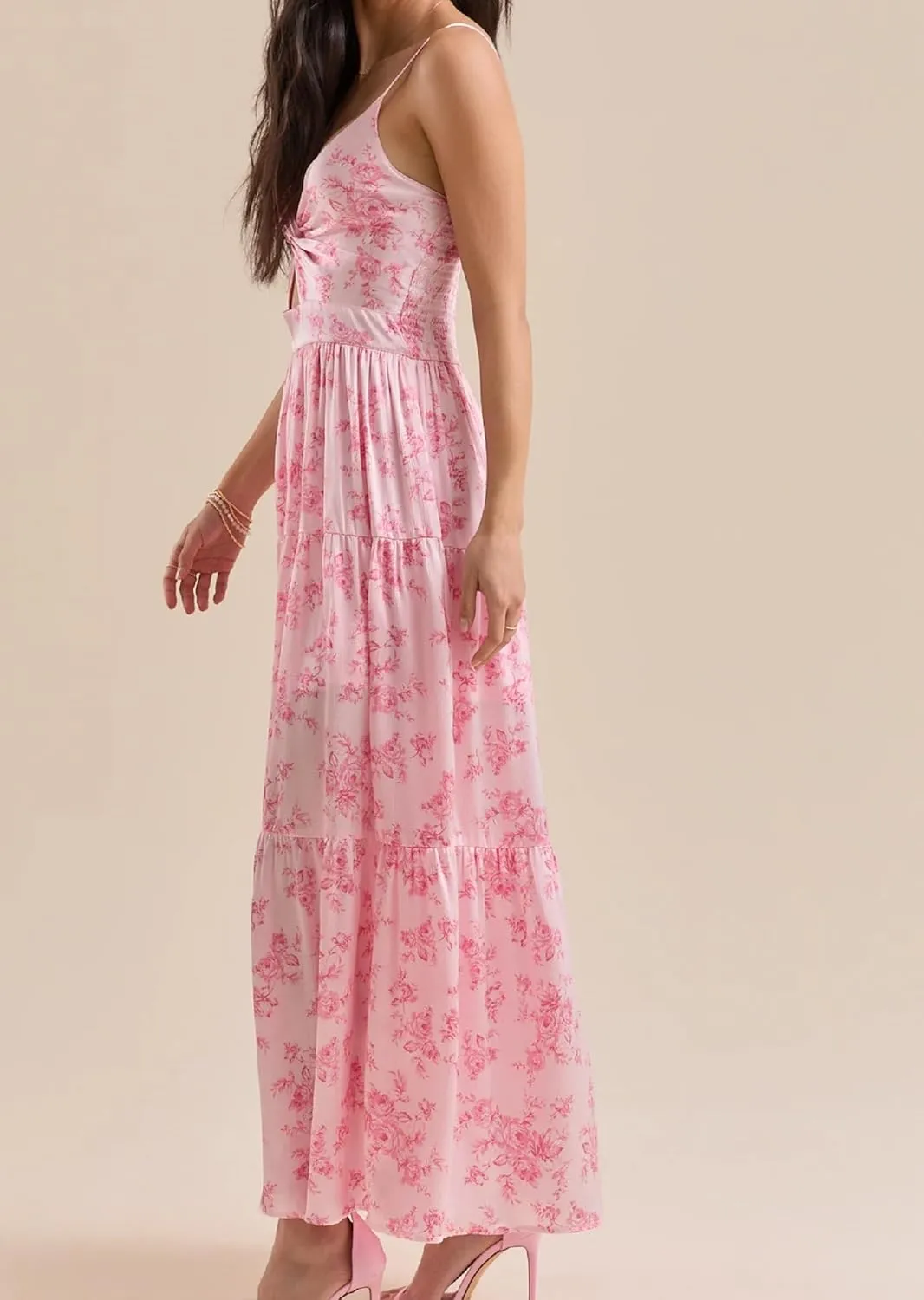 Women Spaghetti Strap V Neck Floral Maxi Dress Sleeveless Flowy Tiered Long Dress Colorful Summer Vocation Sundress